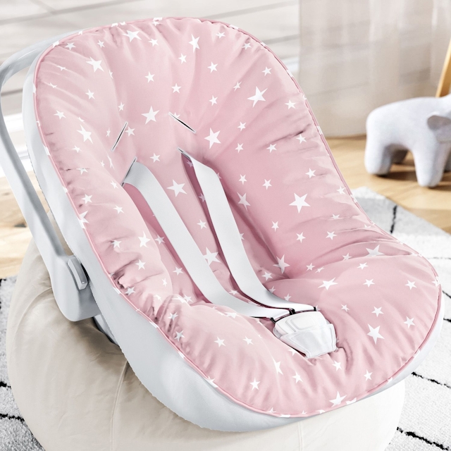 Capa de Bebê Conforto com Protetor de Cinto Estrelinhas Rosa Bebê e Branco
