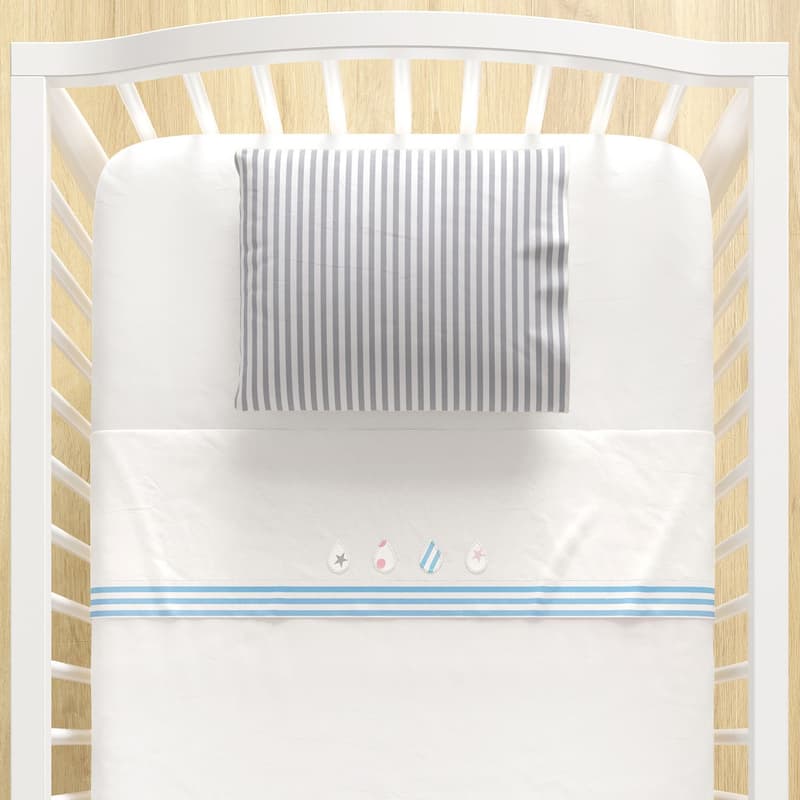 Jogo de Lençol Berço Bordado Gotinhas e Listras Azul 3 peças