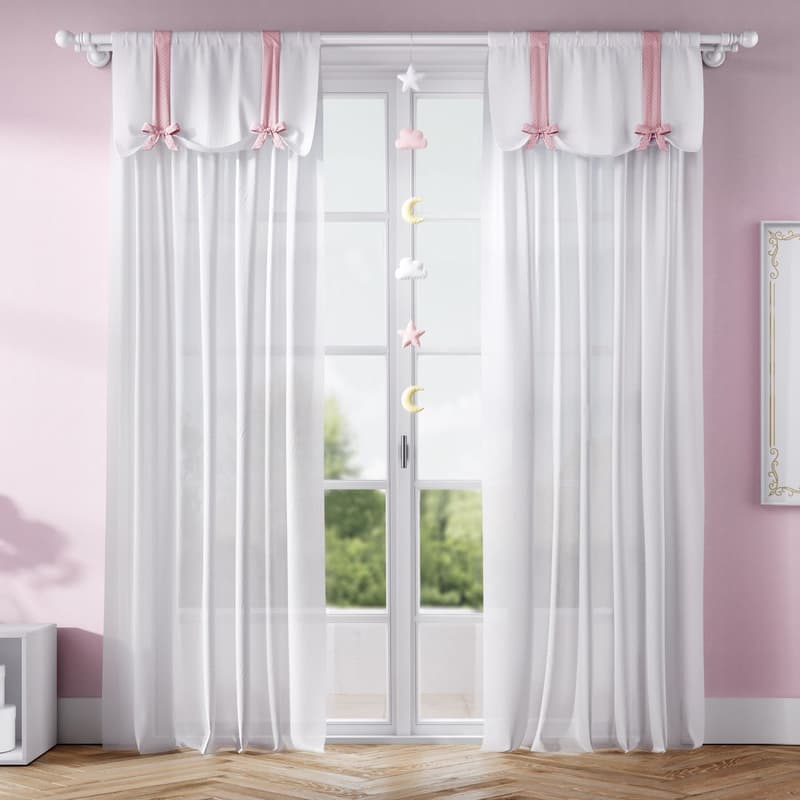 Cortina Branco/Rosa com Laços Poá