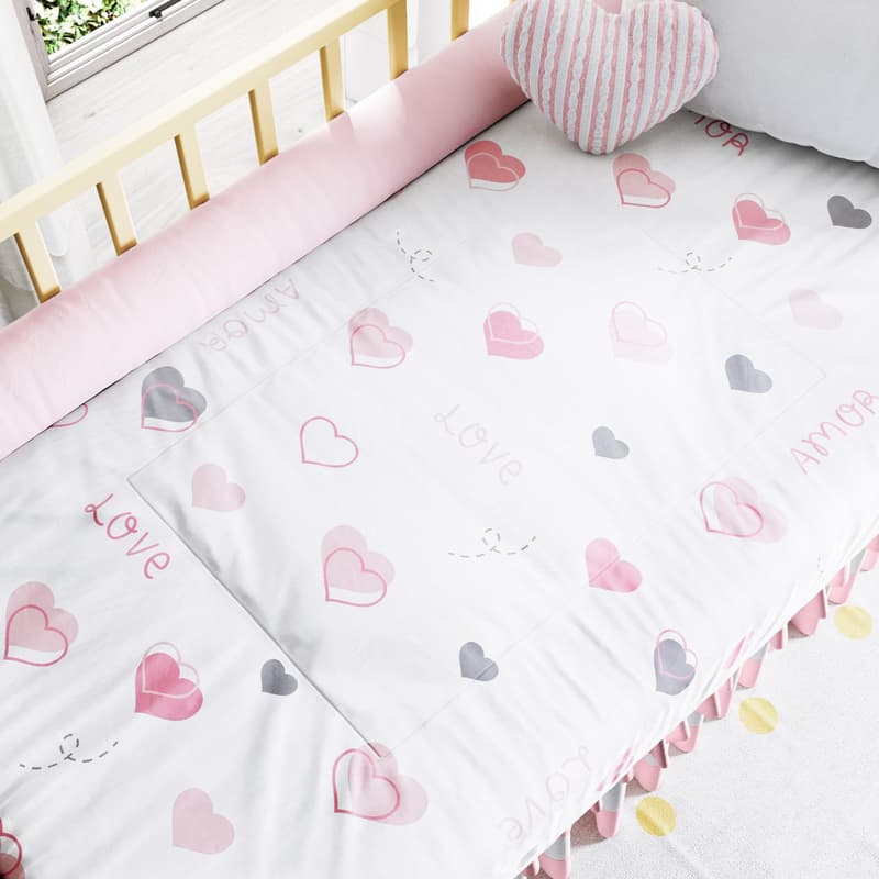 Edredom de Berço Love Corações Rosa e Cinza