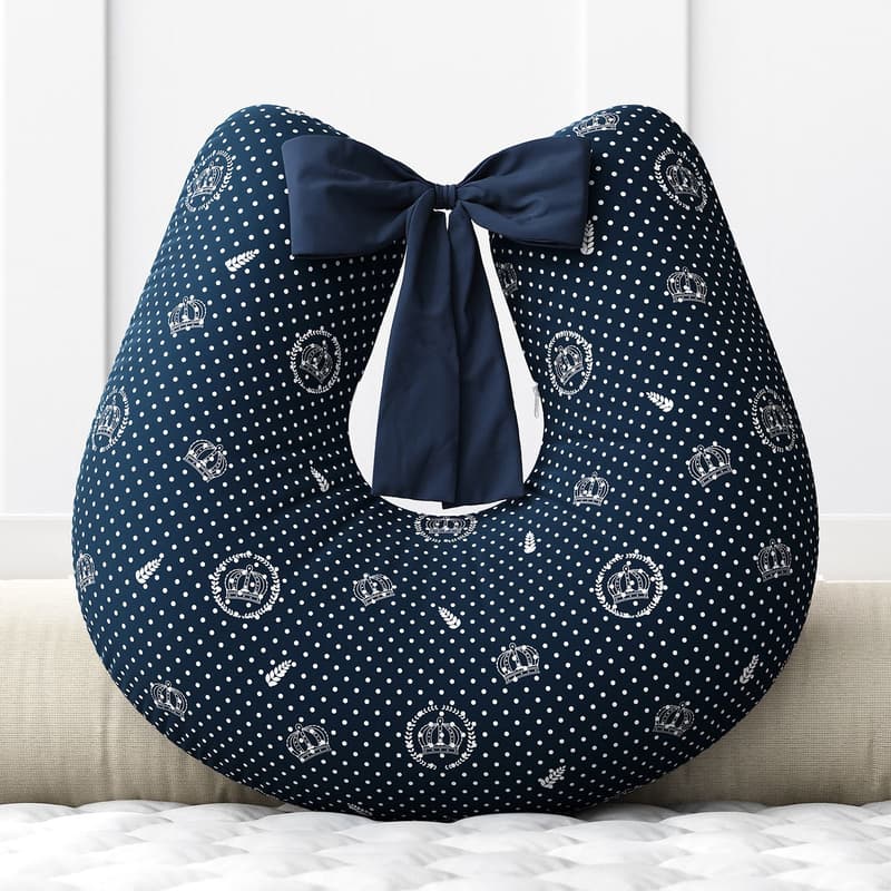 Almofada Amamentação Coroa e Poá Azul Marinho com Laço