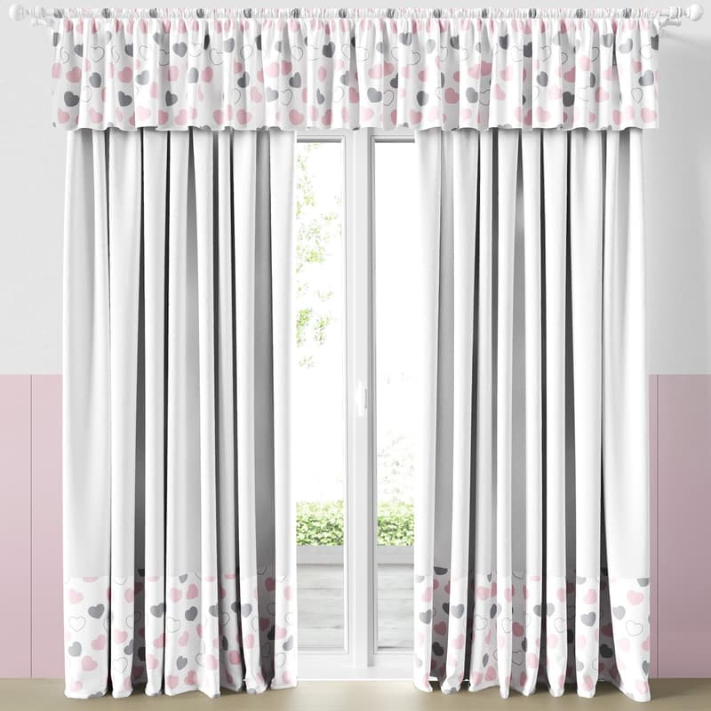 Cortina Infantil e Bebê Corações Rosa e Cinza