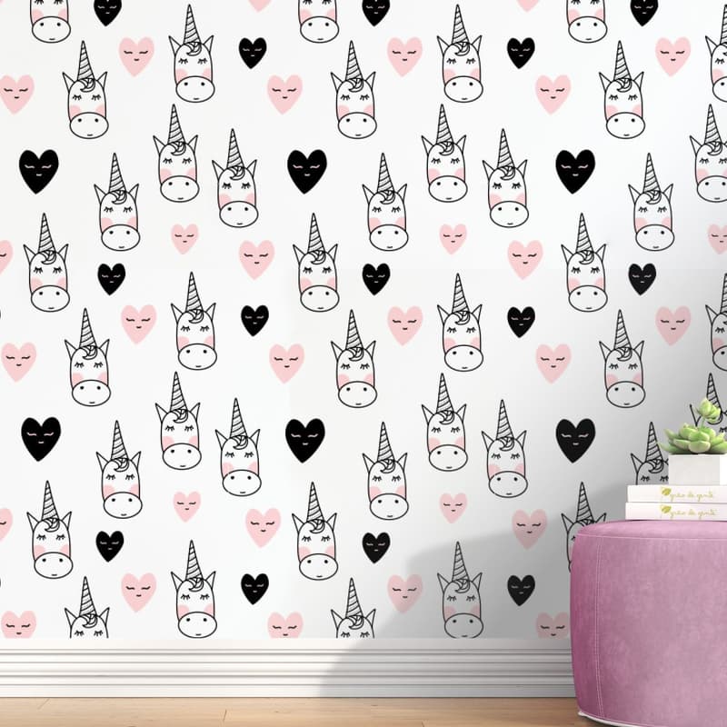 Papel de Parede Unicórnio Coração Rosa e Preto 3m