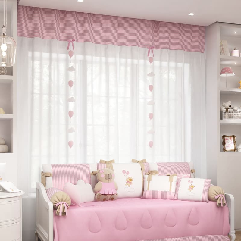 Cortina Voil Branco e Listras Rosa