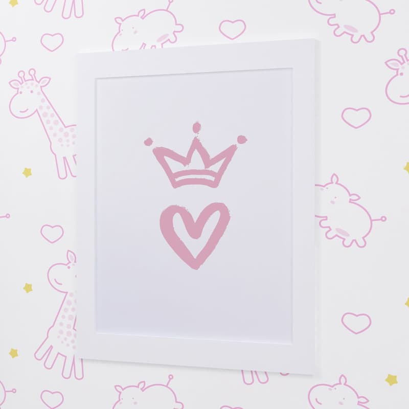 Quadro Coração com Coroa Branco e Rosa 33cm