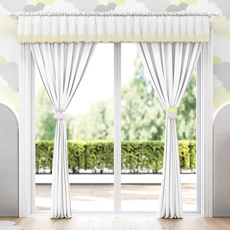 Cortina Listrada com Pompons Azul/Branco