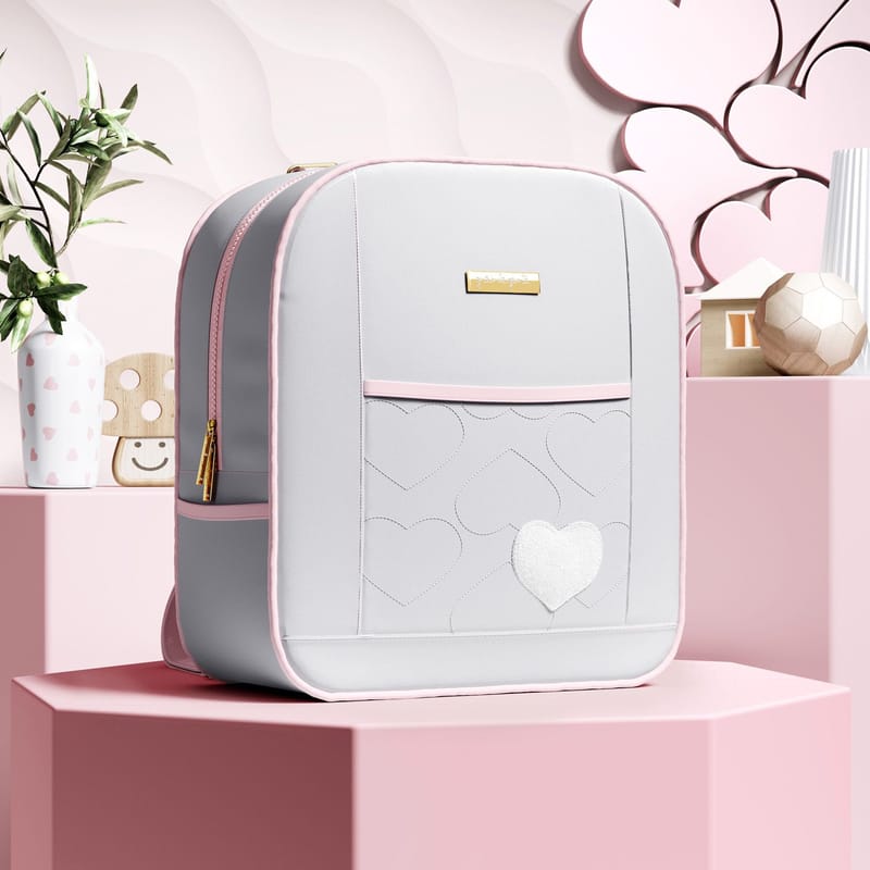 Mochila Maternidade Coração Rosa e Cinza 36cm