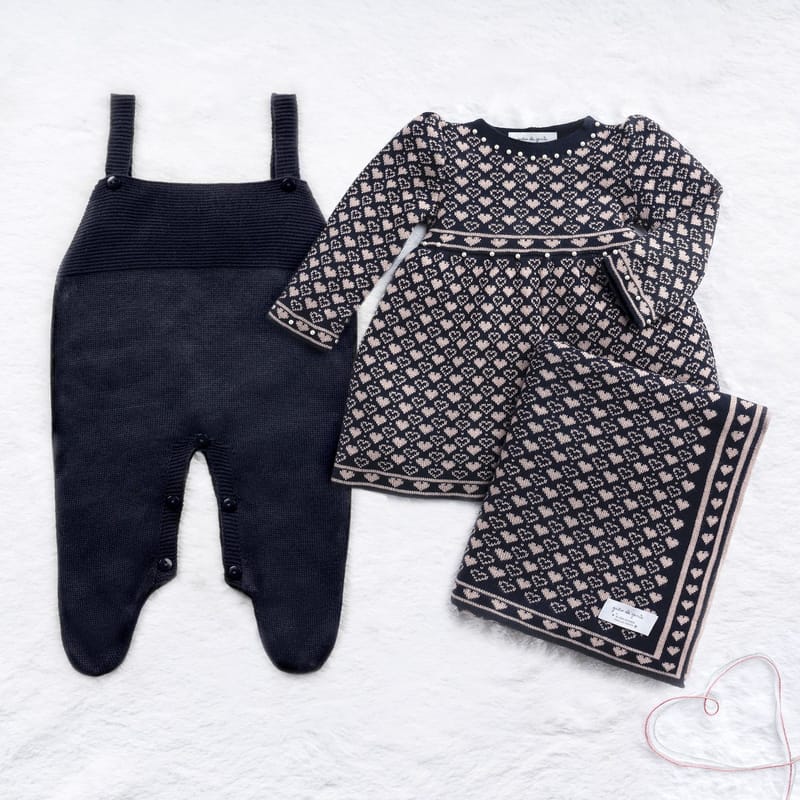 Saída Maternidade Tricot Jacquard Petit Coração Rosa 03 Peças