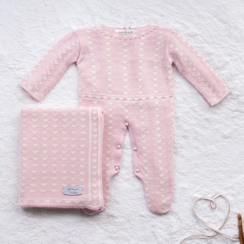 Saída Maternidade Tricot Mademoiselle Coração Nude e Azul Marinho 02 Peças