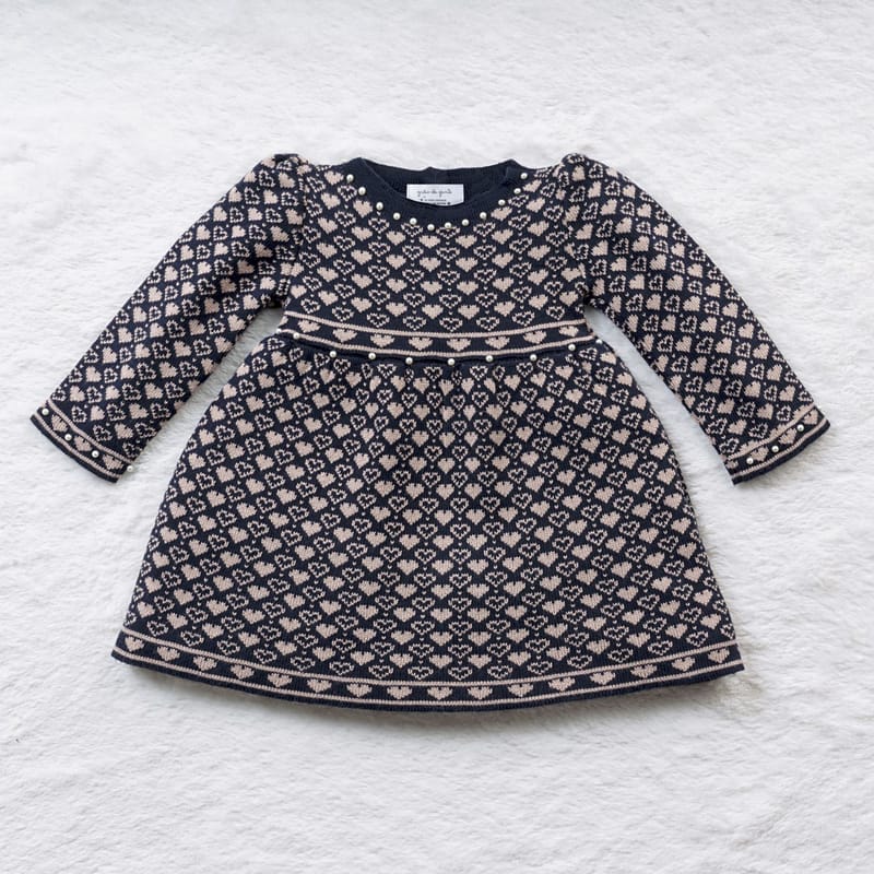 Vestido Tricot Jacquard Petit Coração com Pérolas Rosa