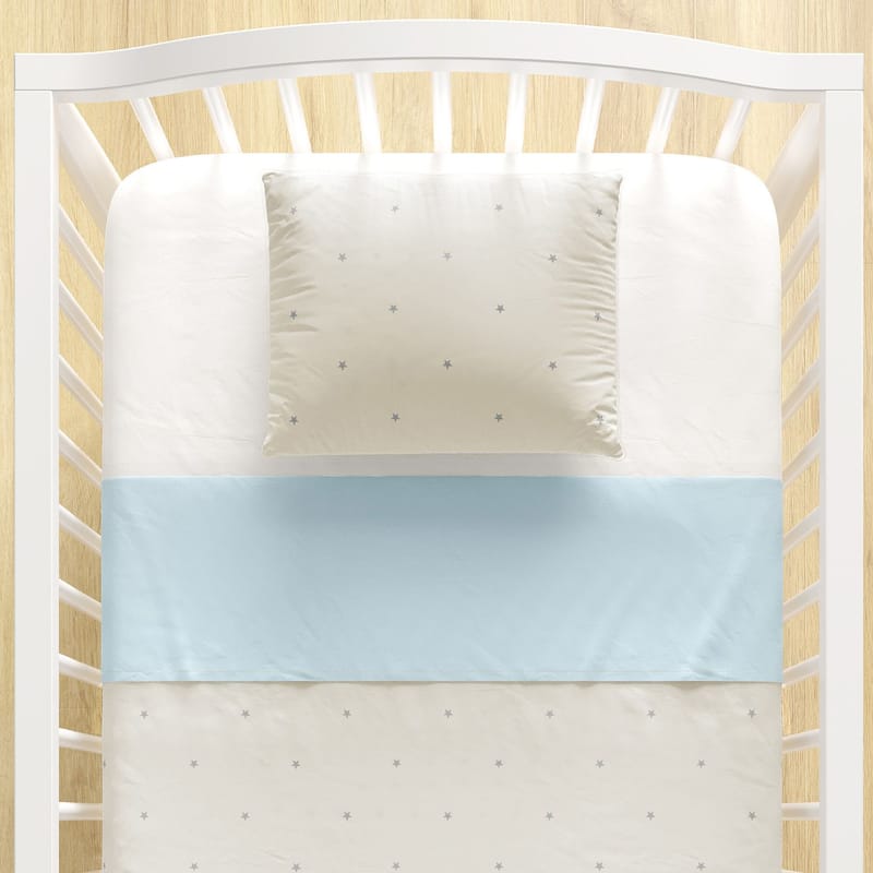 Jogo de Lençol Berço Bege Estrelinhas com Faixa Azul 3 Peças