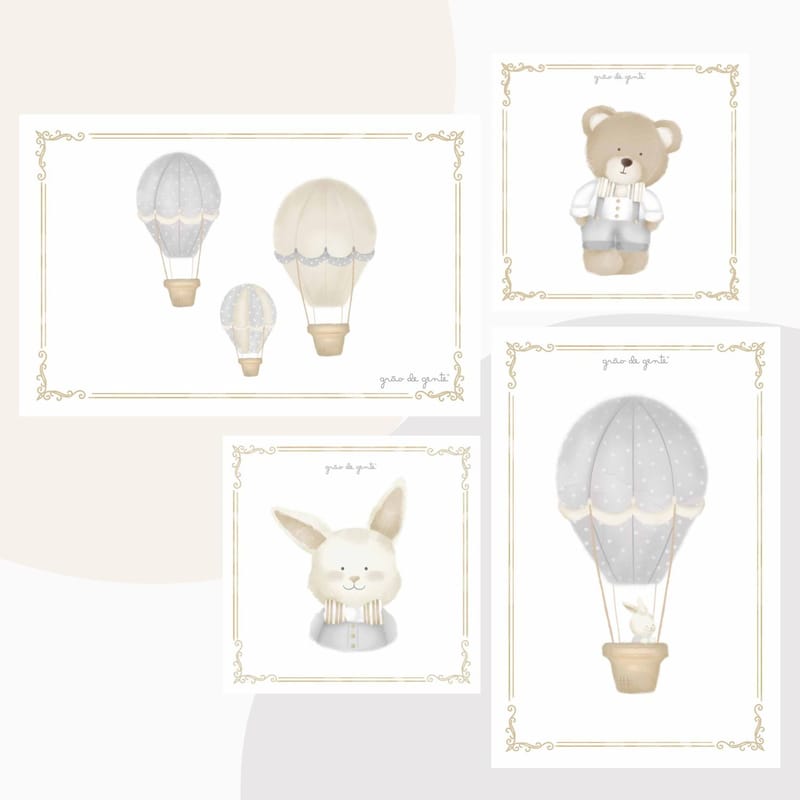 Kit Pôster Adesivo Balões Ursinho Cinza 4 peças