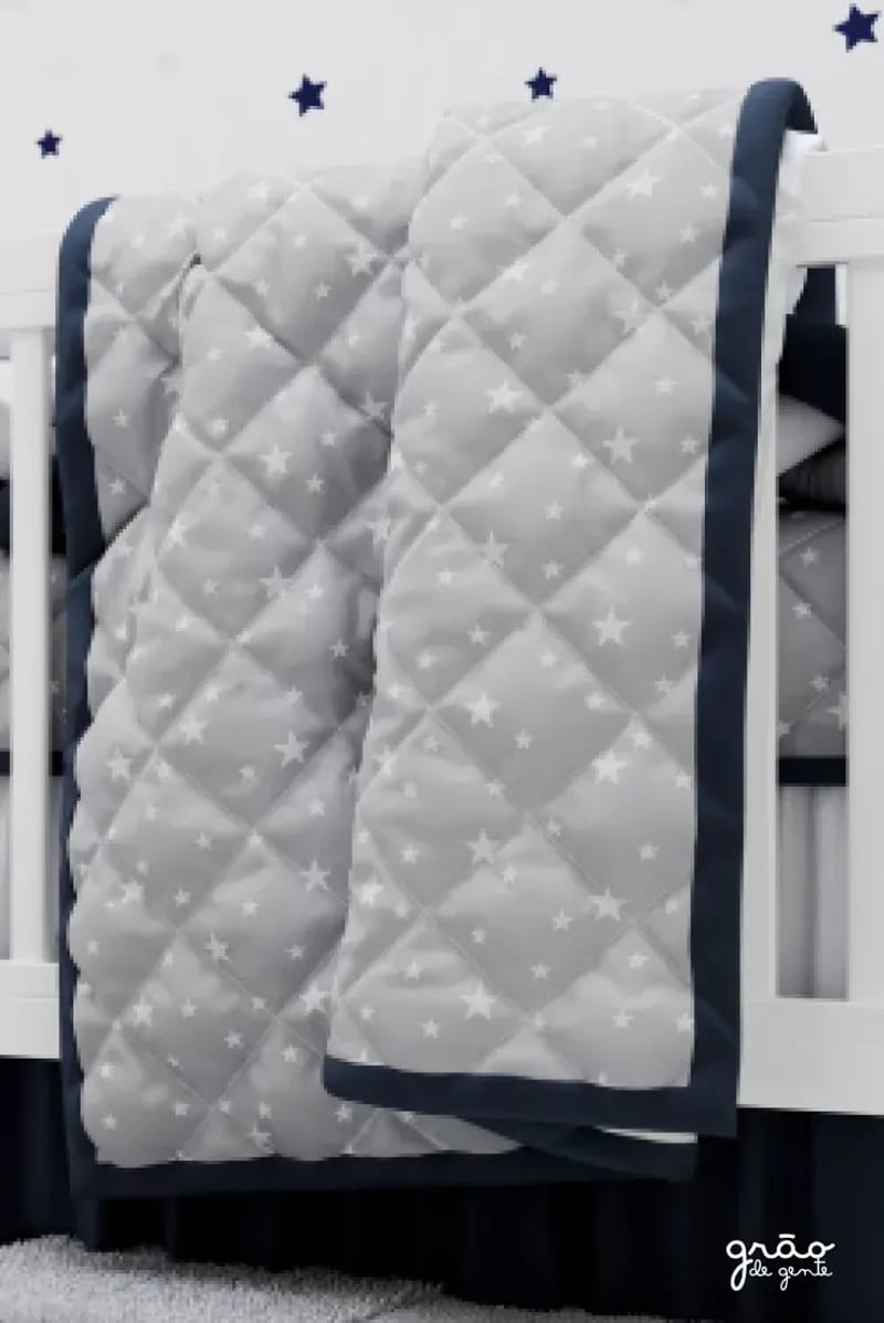 Edredom de Berço Matelado Estrelinhas Cinza/Azul Marinho