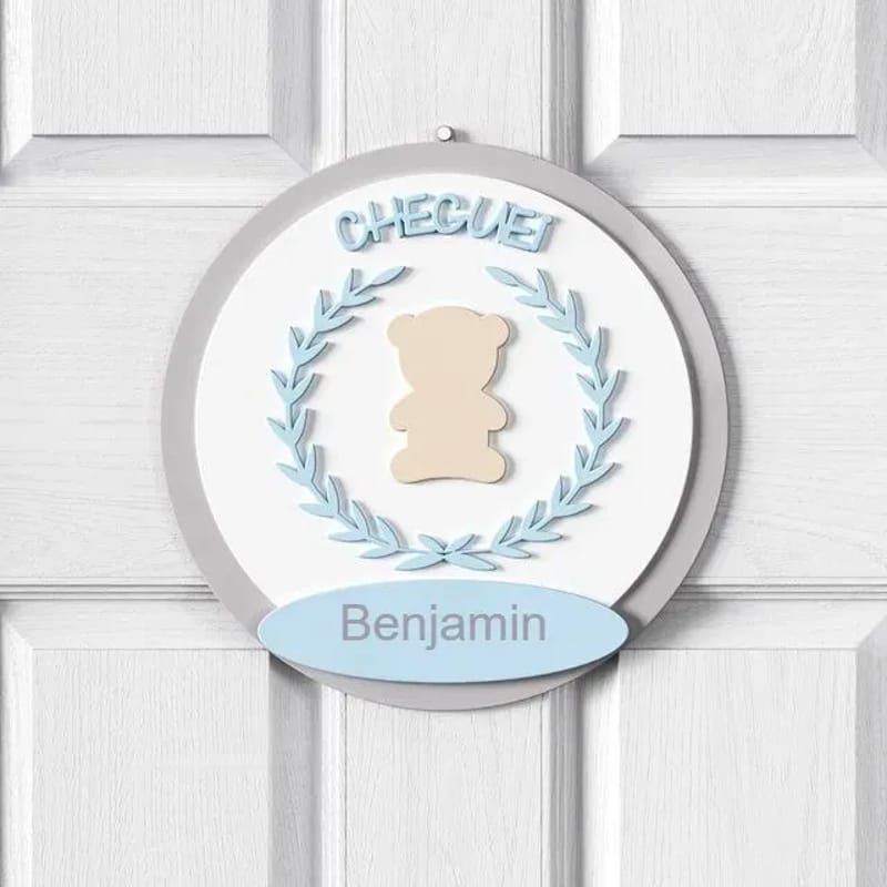 Porta Maternidade Personalizado Urso Luxo Azul e Bege - Benjamin