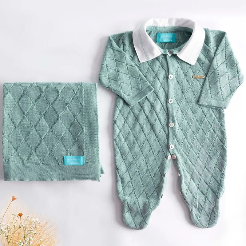 Saída Maternidade Tricot Verde Com Gola 02 Peças