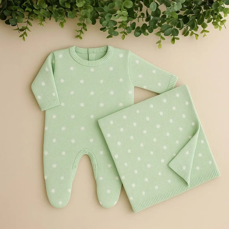 Saída Maternidade Tricot Em Poá Verde P